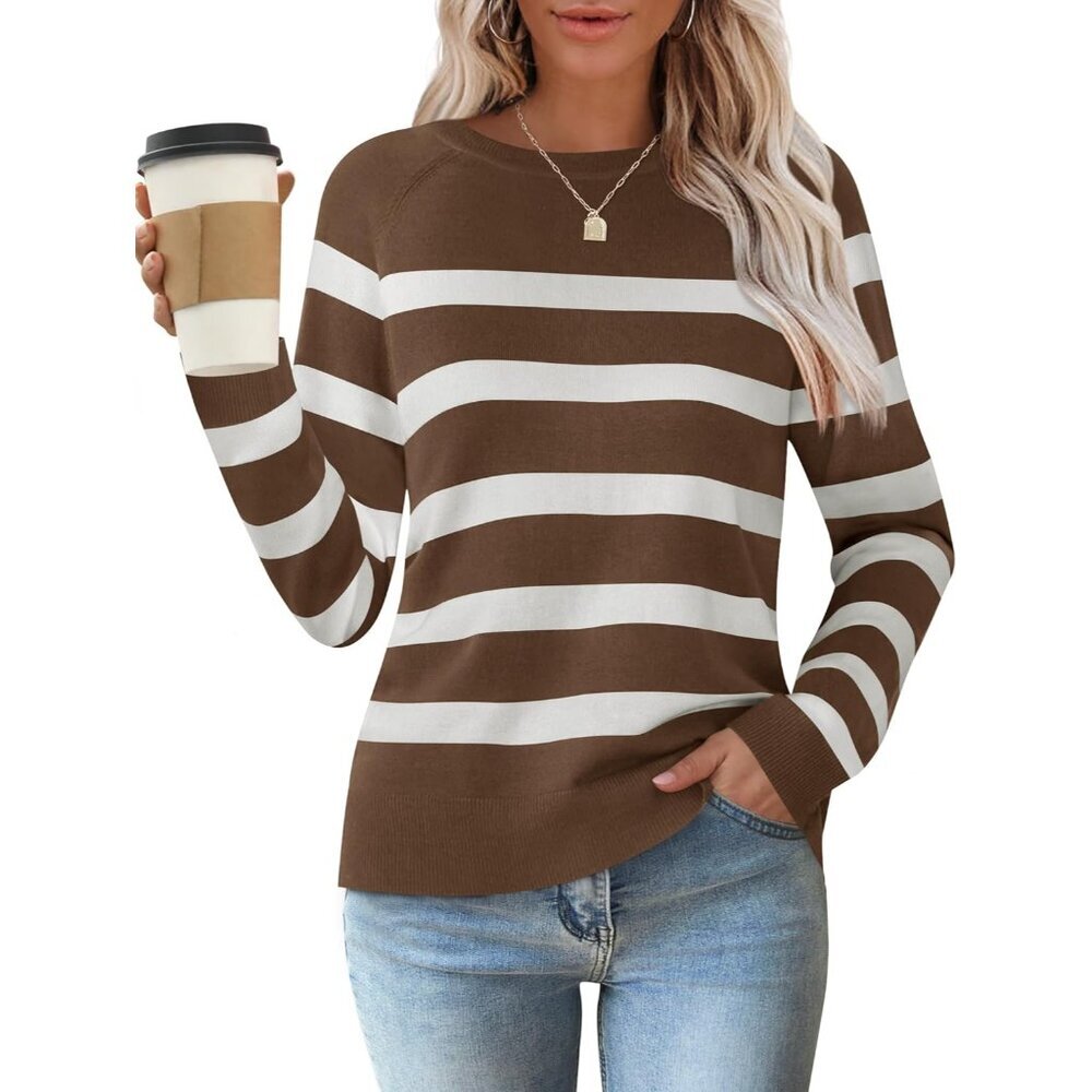 Women's Lightweight Ribbed Knit Striped Long Sleeve Top Crewneck Casual